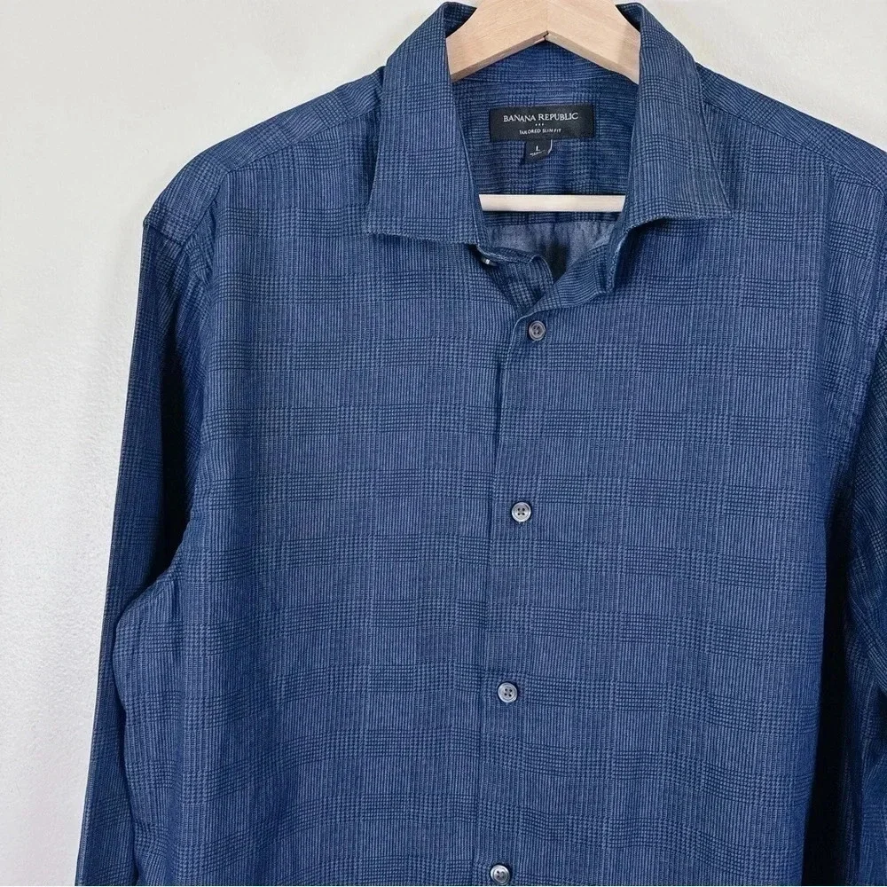Banana Republic Plaid Denim Chambray Slim Fit Button Shirt